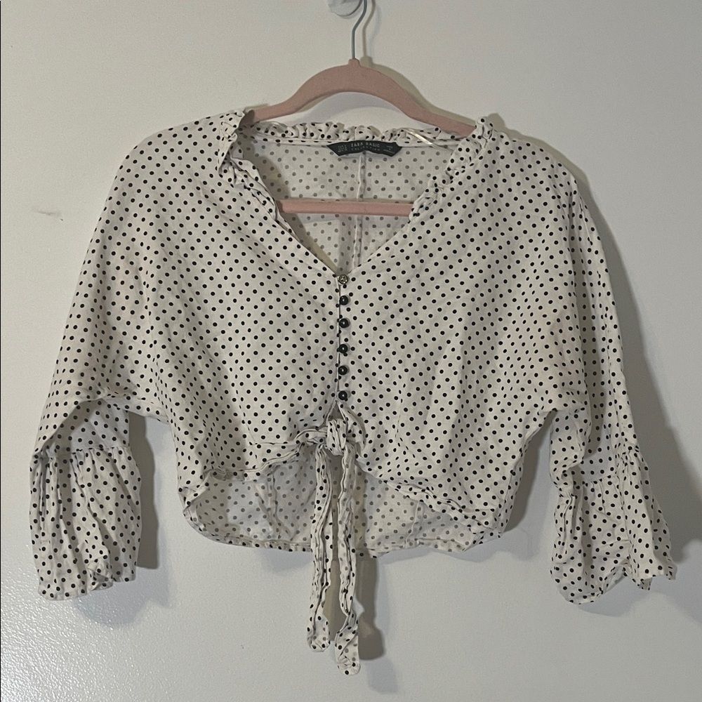 Zara Black and White Polka Dot tie front Balloon Sleeves Crop Top size M